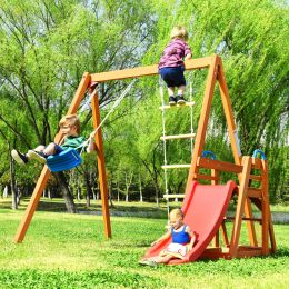 Wooden Swing Set with Slide, Outdoor Playset Backyard Activity Playground Climb Swing Outdoor Play Structure for Toddlers, Ready to Assemble Wooden Sw