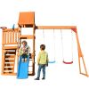 Wooden Swing Set with Slide, Climbing wall, Sandbox and Wood Roof, Outdoor Playhouse Backyard Activity Playground Playset for Toddlers