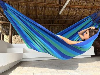 Brazilian Style Double Hammock (Color: Blue & Green Stripes - SKU 20138)