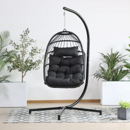 Hanging Folding Egg Chair for Indoor Outdoor Patio with Aluminum Frame and Metal Stand, 330lbs Capacity (Color: Black)
