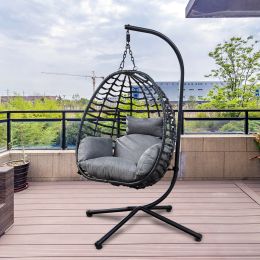 Foldable Hanging Chair, Wicker Egg Chair With Stand For Outside, 300 LBS Capacity (Grey or Red) (Color: Grey)