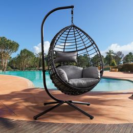 Outdoor Furniture, PE Rattan Hanging Swing Chair With Stand, Water-resistant Cushion (Color: Grey)