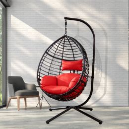 Outdoor Furniture, PE Rattan Hanging Swing Chair With Stand, Water-resistant Cushion (Color: Red)