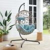 Patio Wicker Swing Egg Chair Basket Rattan Teardrop Hanging Lounge Chair with Stand and Cushions